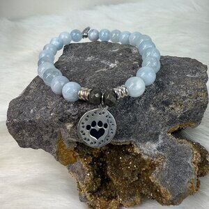 T.Jazelle Blue Aquamarine Gemstone Bracelet Paw Print Sterling Silver Charm